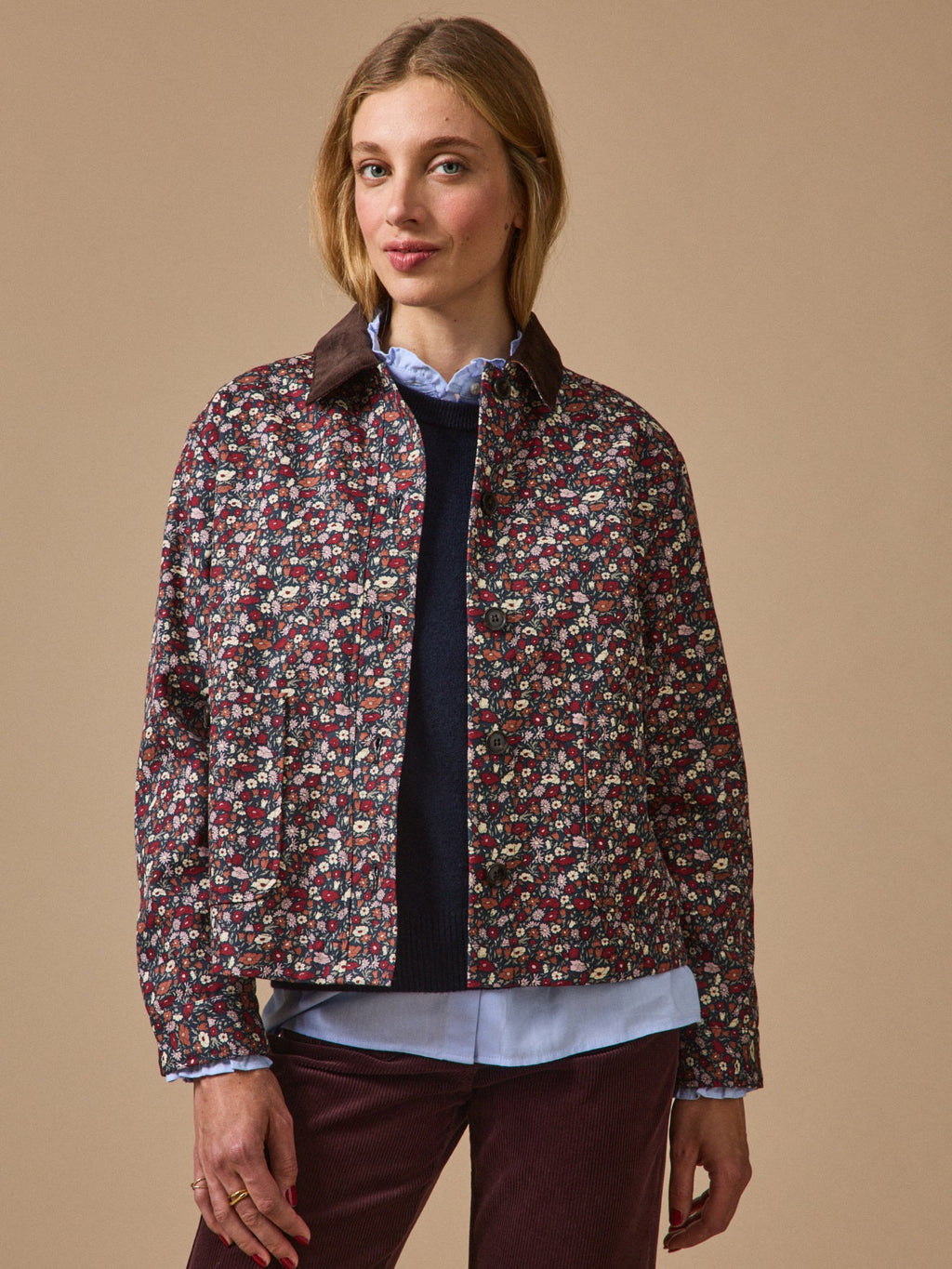 Veste worker femme en coton à motif floral, motif floral sombre – vue 1