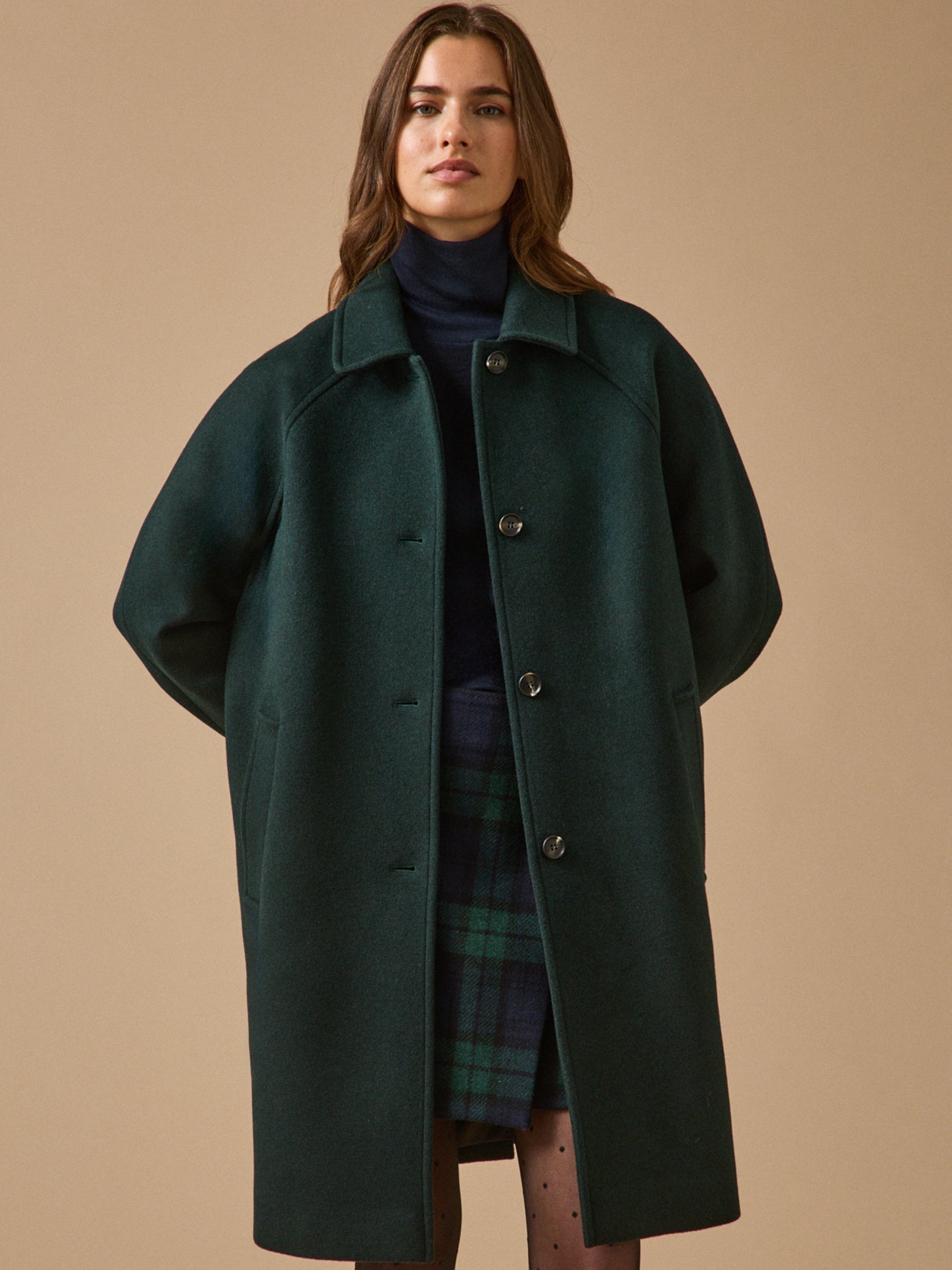 Manteau mi-long femme en lainage – vert foncé, vert foncé – vue 1