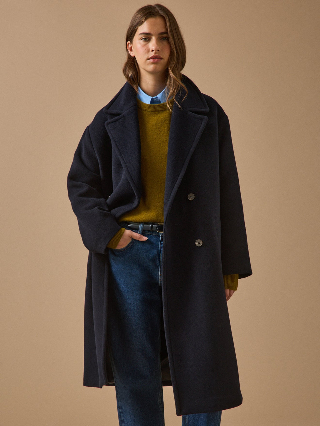 Manteau long femme en lainage – bleu marine, bleu marine – vue 1