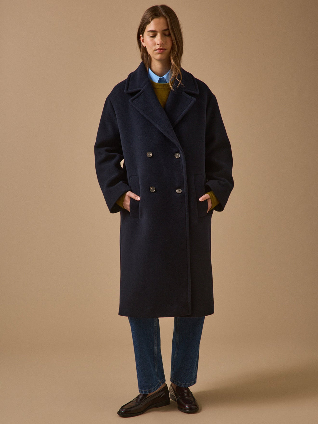 Manteau long femme en lainage – bleu marine, bleu marine – vue 6