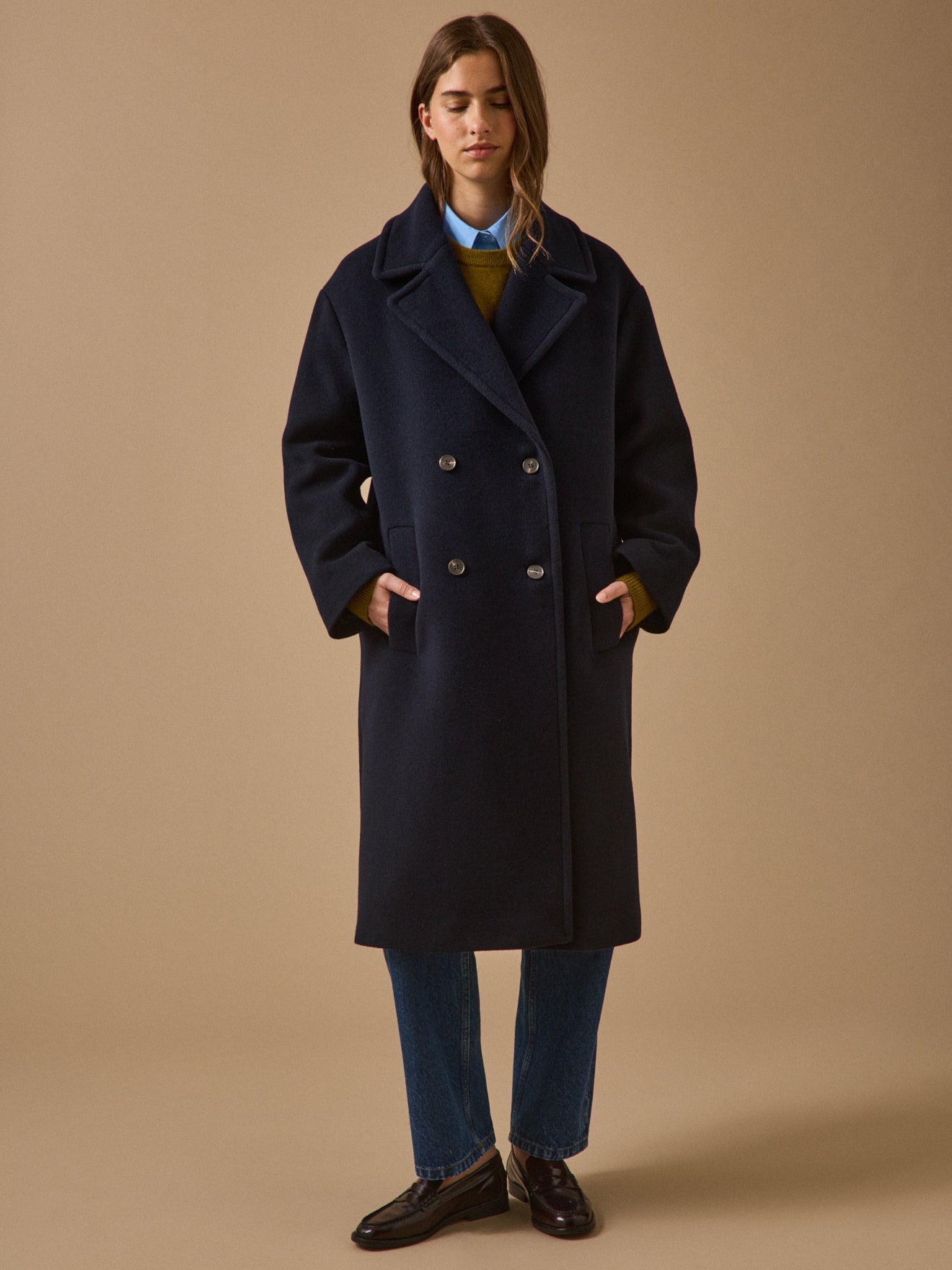Manteau long femme en lainage – bleu marine, bleu marine – vue 6