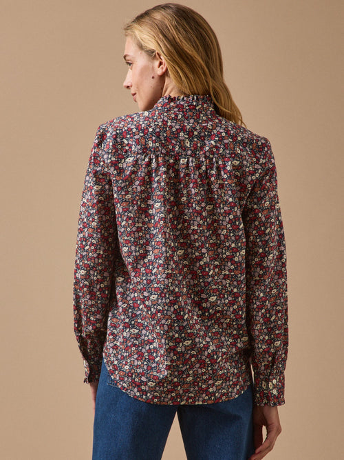 Blouse femme à col volanté – motif floral, motif floral sombre – vue 2