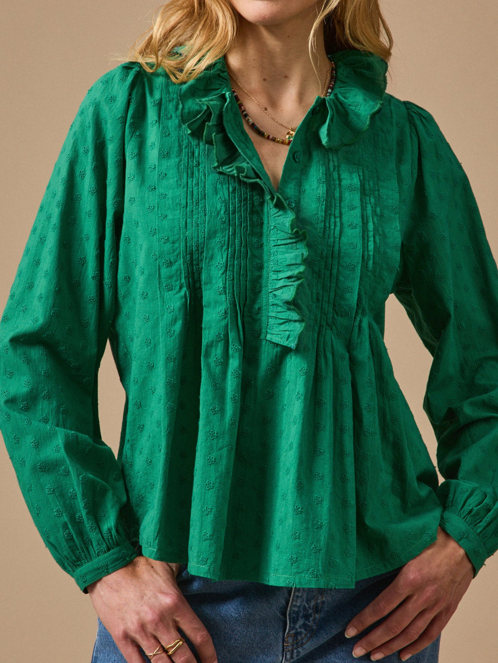 Blouse femme en broderie anglaise – vert gazon, gazon – vue 5
