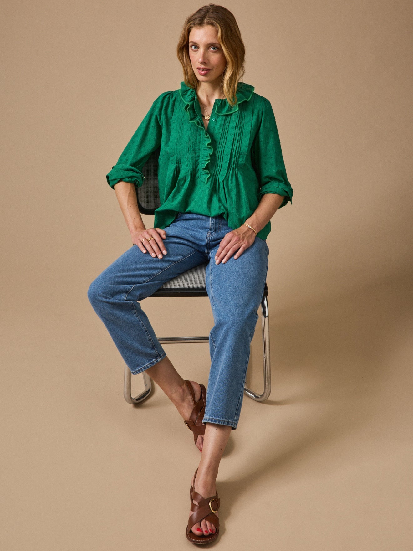 Blouse femme en broderie anglaise – vert gazon, gazon – vue 6