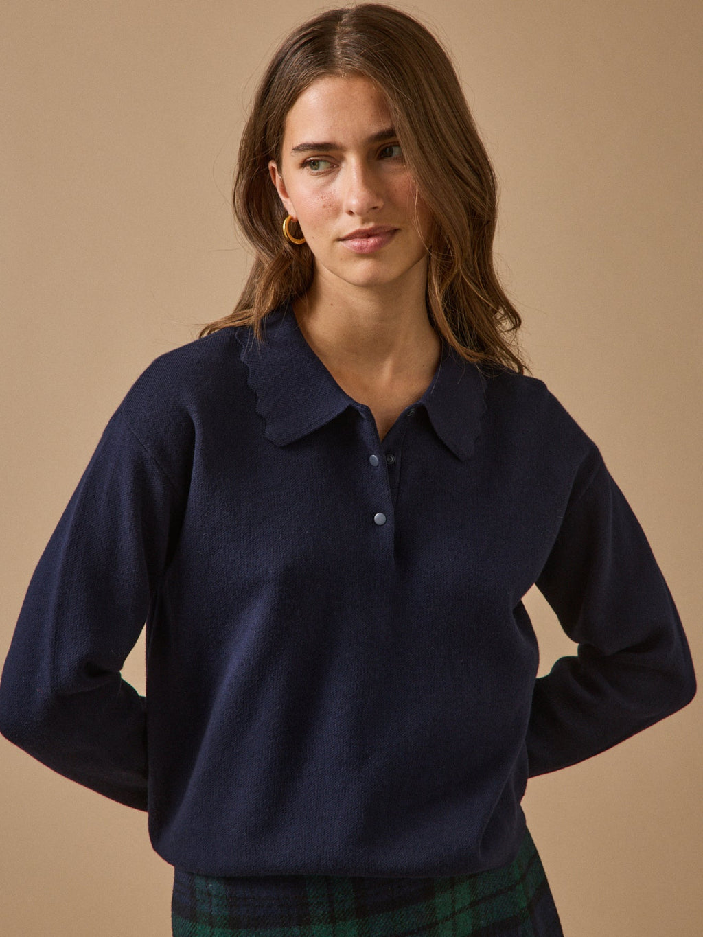 Pull polo femme en coton et cachemire – bleu encre, encre – vue 1