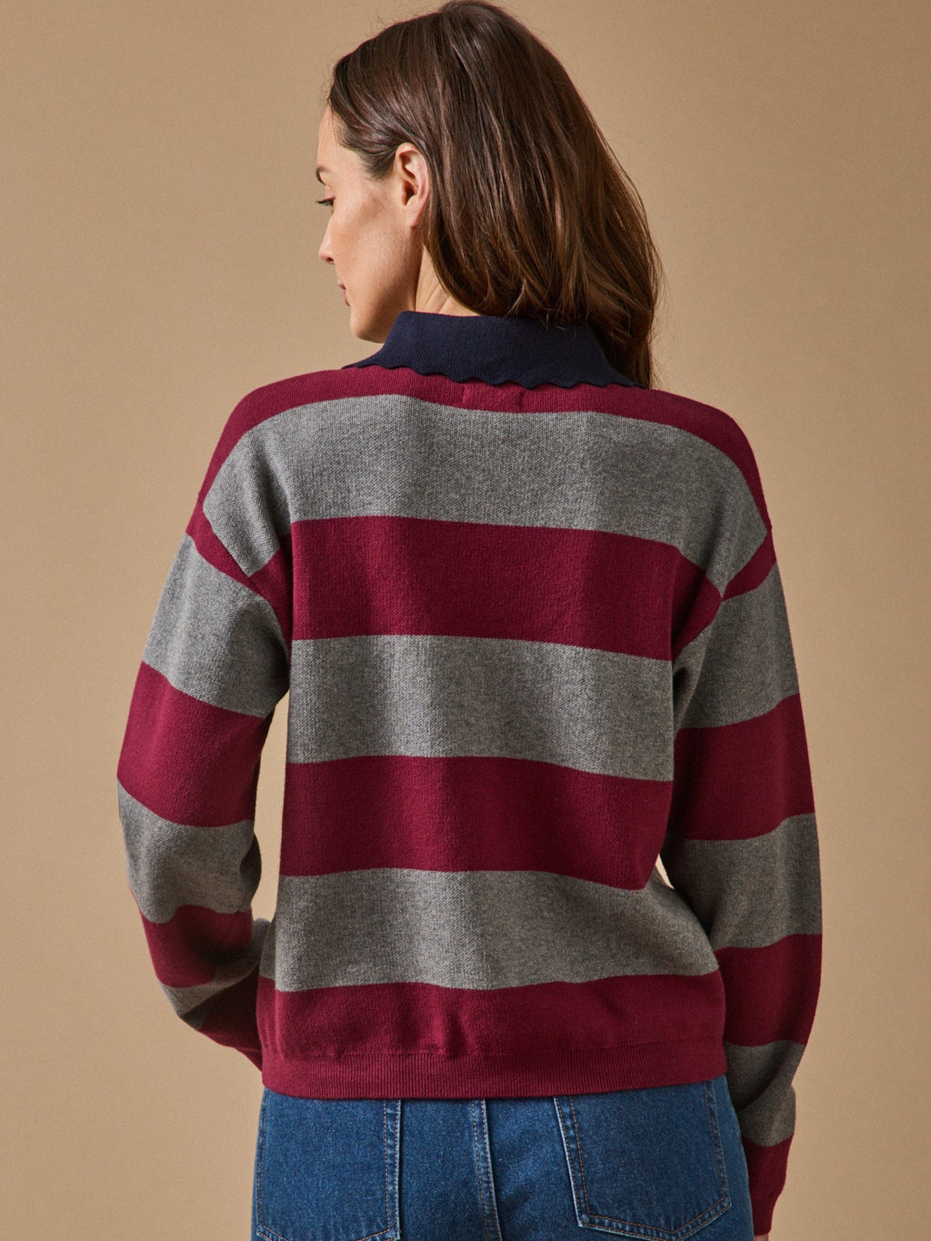 Pull polo femme en coton et cachemire – rayures bordeaux, rayures bordeaux – vue 2