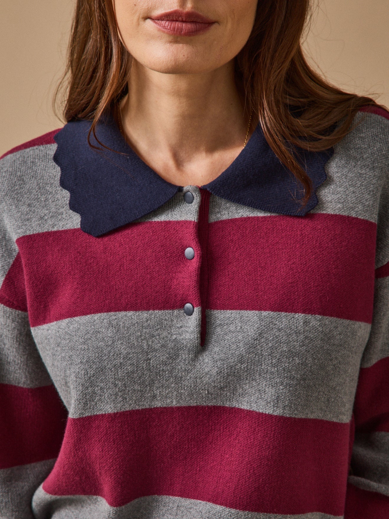 Pull polo femme en coton et cachemire – rayures bordeaux, rayures bordeaux – vue 3