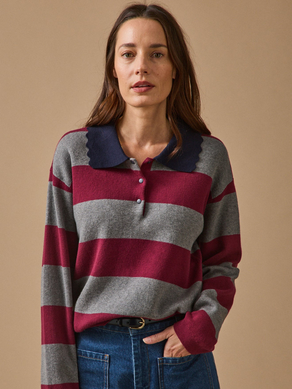 Pull polo femme en coton et cachemire – rayures bordeaux, rayures bordeaux – vue 1