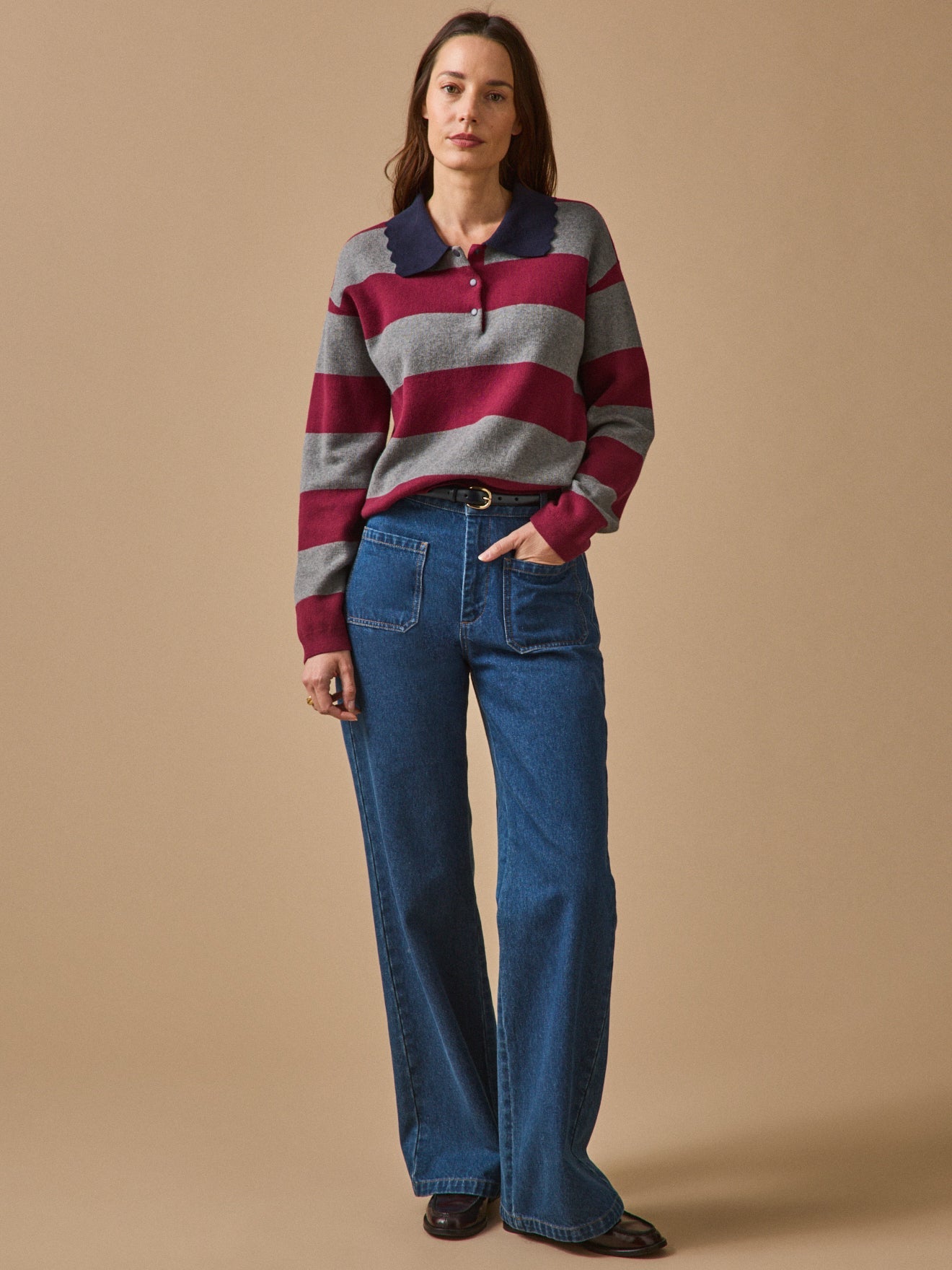 Pull polo femme en coton et cachemire – rayures bordeaux, rayures bordeaux – vue 4
