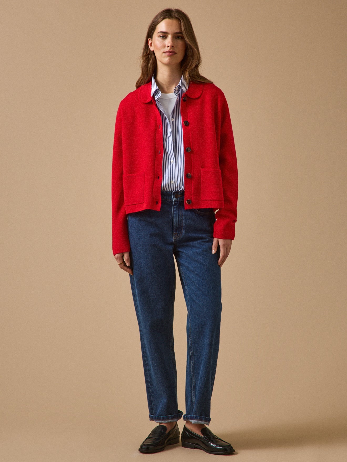 Gilet femme en maille milano à col chemise – rouge tomate, tomate – vue 4
