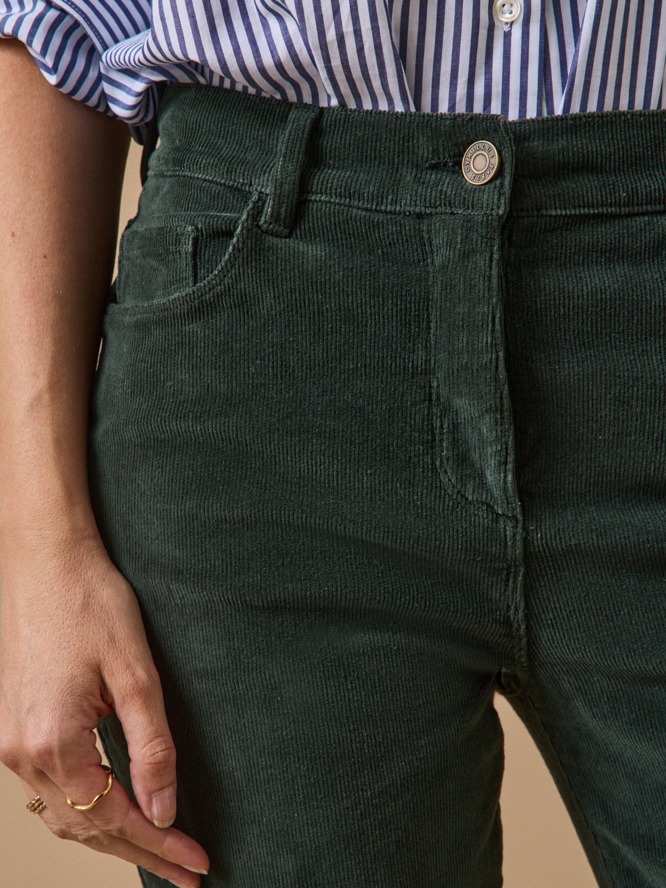 Pantalon slim femme en velours milleraies – vert foncé, vert foncé – vue 3