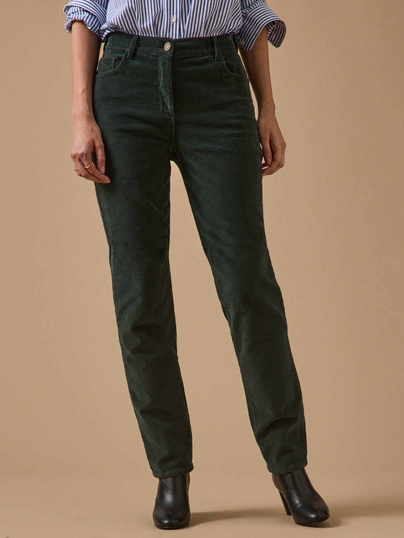 Pantalon slim femme en velours milleraies – vert foncé, vert foncé – vue 1