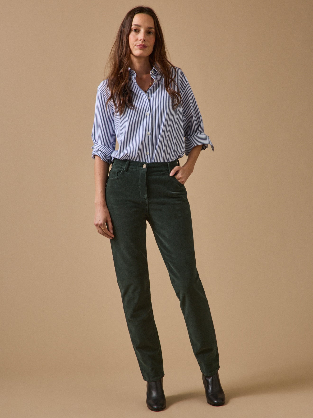 Pantalon slim femme en velours milleraies – vert foncé, vert foncé – vue 4