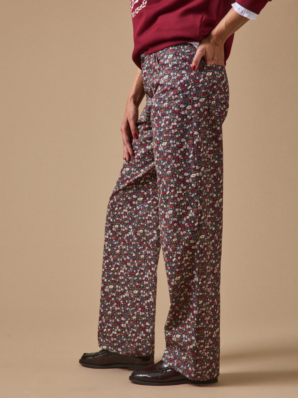 Pantalon large femme en coton à motif floral, motif floral sombre – vue 5