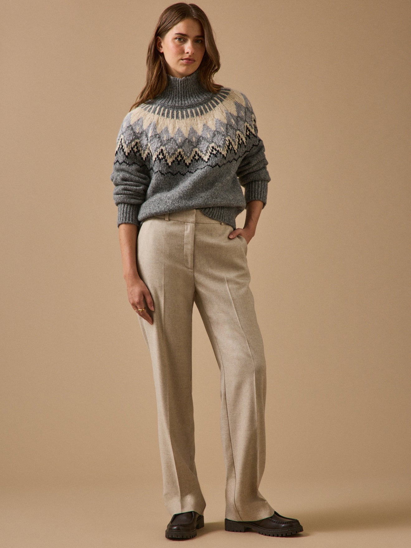 Pantalon droit femme en flanelle – avoine chiné, avoine chiné – vue 5