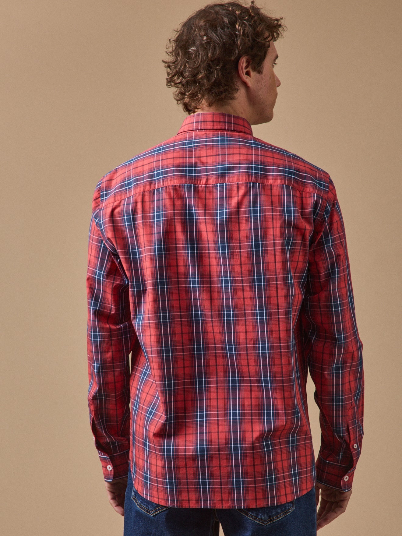 Chemise homme en popeline de coton à carreaux, carreaux rouges – vue 2