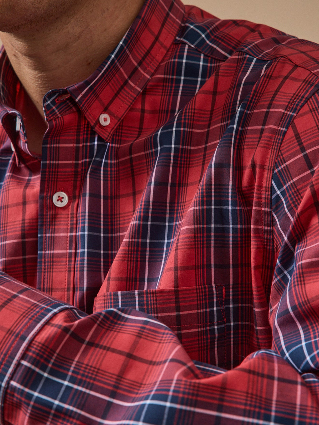 Chemise homme en popeline de coton à carreaux, carreaux rouges – vue 3